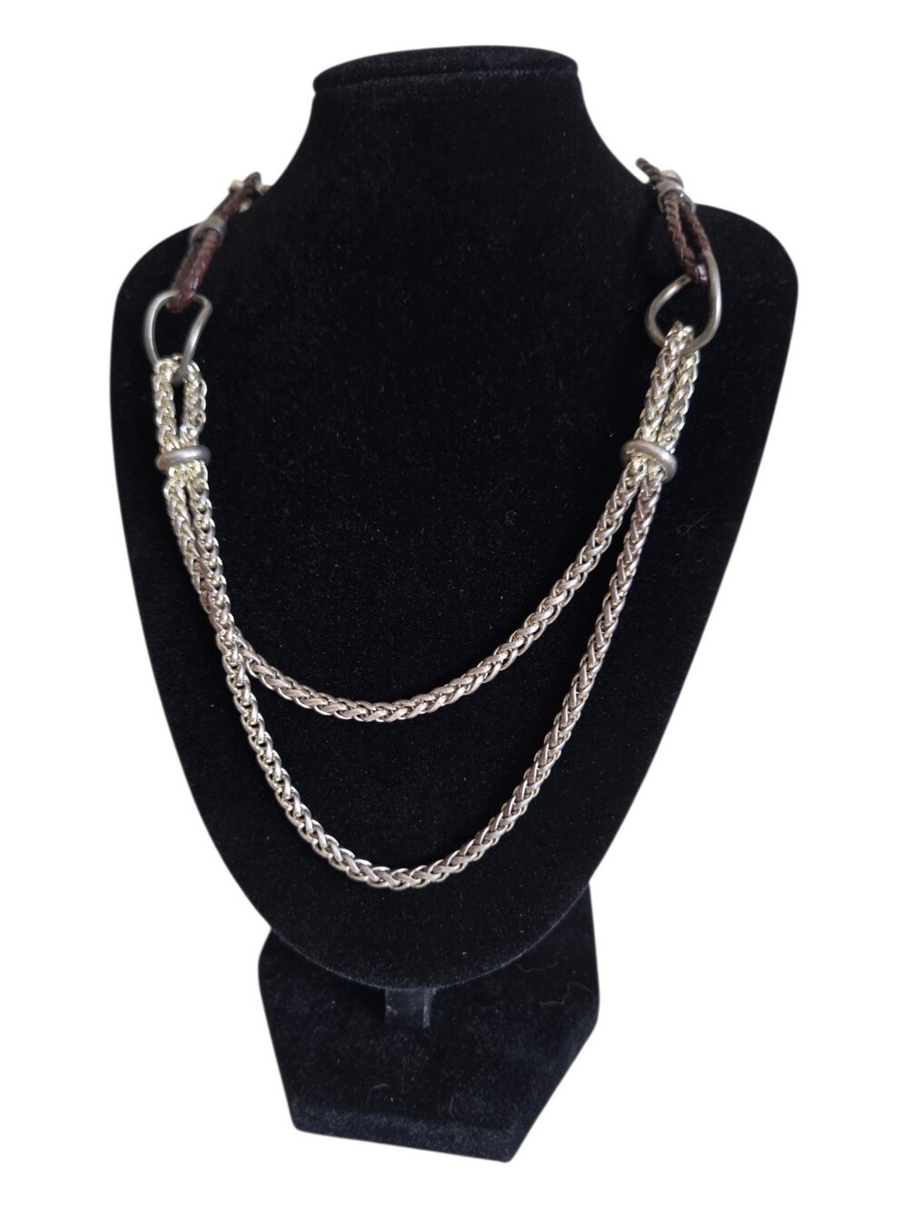 liz & co silver tone braided brown cord multi strand long wheat chain necklace